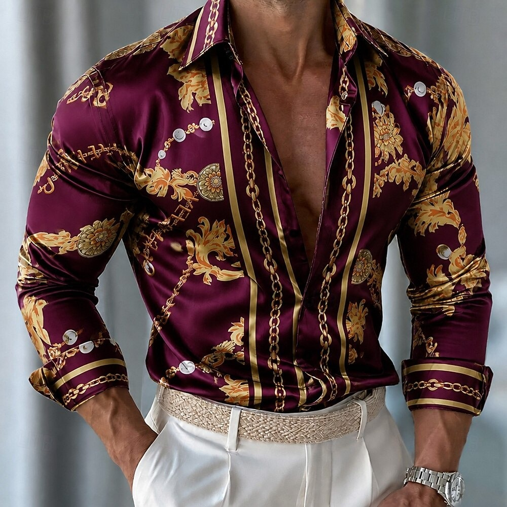 Men Formal Party Wear Shirt - Camisa Masculina de Cetim Floral, Camisa