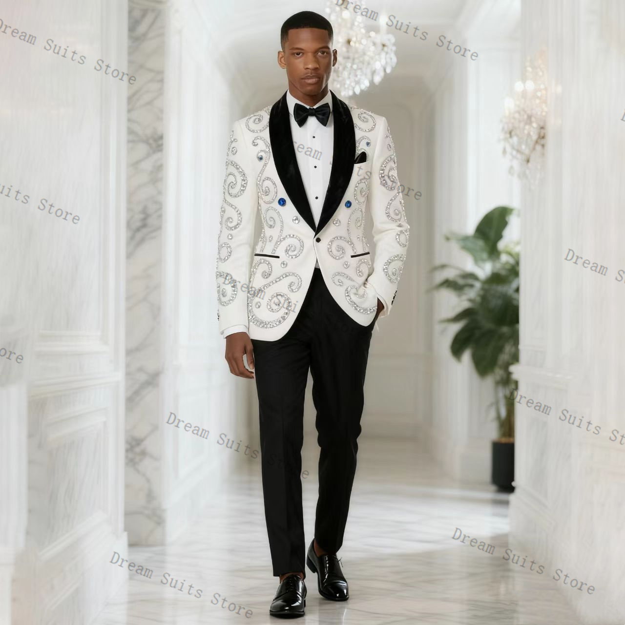 Men Formal Wear Black And White - Conjunto de Terno Masculino Branco 2