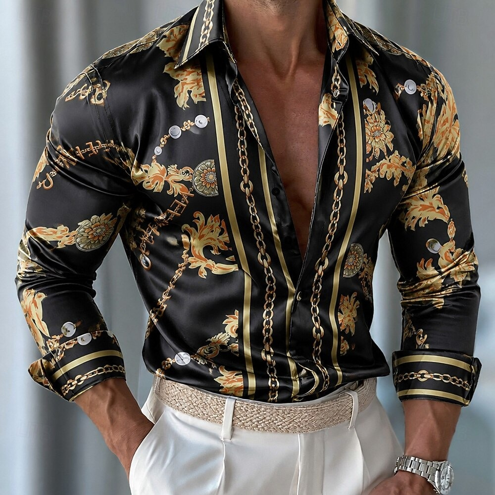 Camisa Masculina de Cetim Flor - Men Formal Party Wear Shirt avaliação e preço